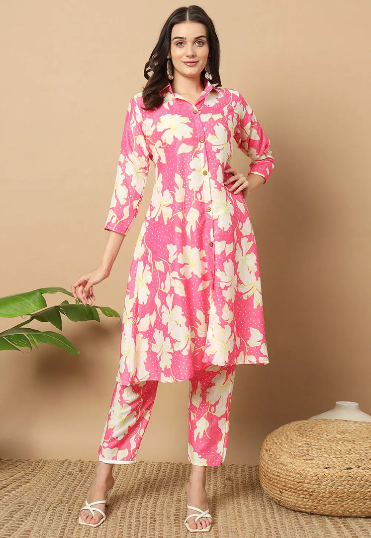 Pink Muslin Kurta Set With Pent