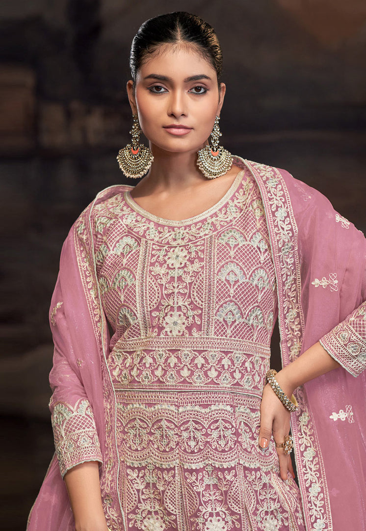 Pink Net Embroidered Anarkali Suit