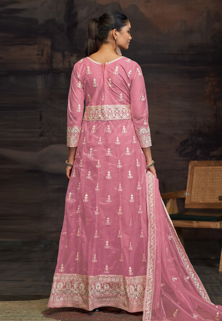 Pink Net Embroidered Anarkali Suit