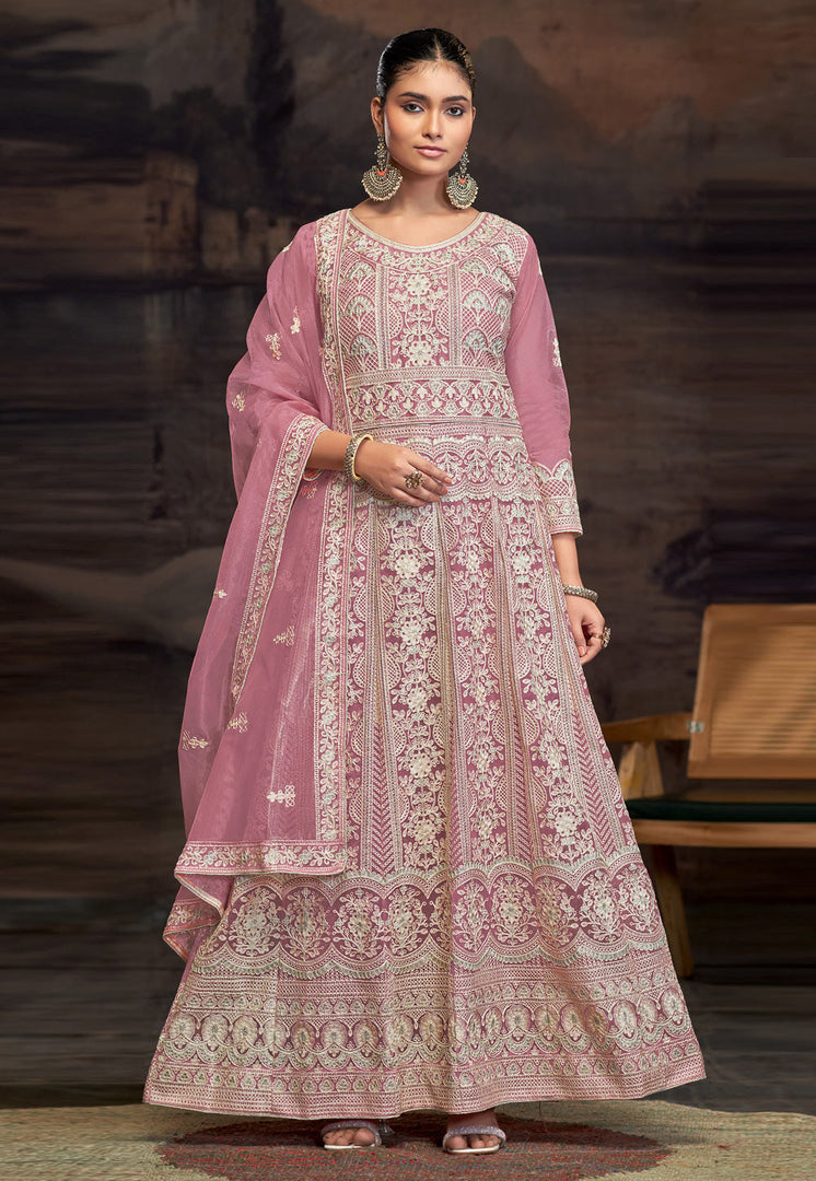 Pink Net Embroidered Anarkali Suit