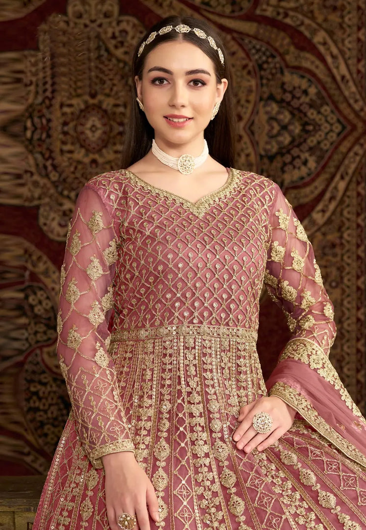 Pink Net Embroidered Long Anarkali Suit