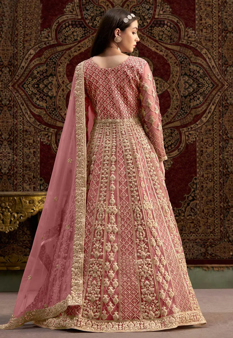 Pink Net Embroidered Long Anarkali Suit