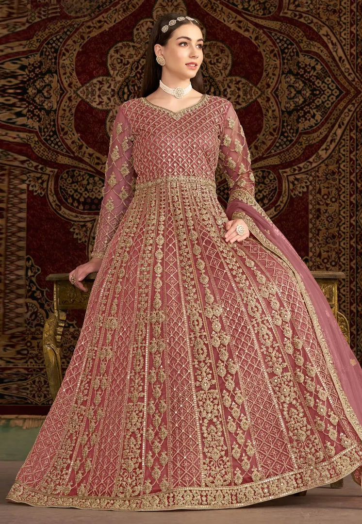 Pink Net Embroidered Long Anarkali Suit