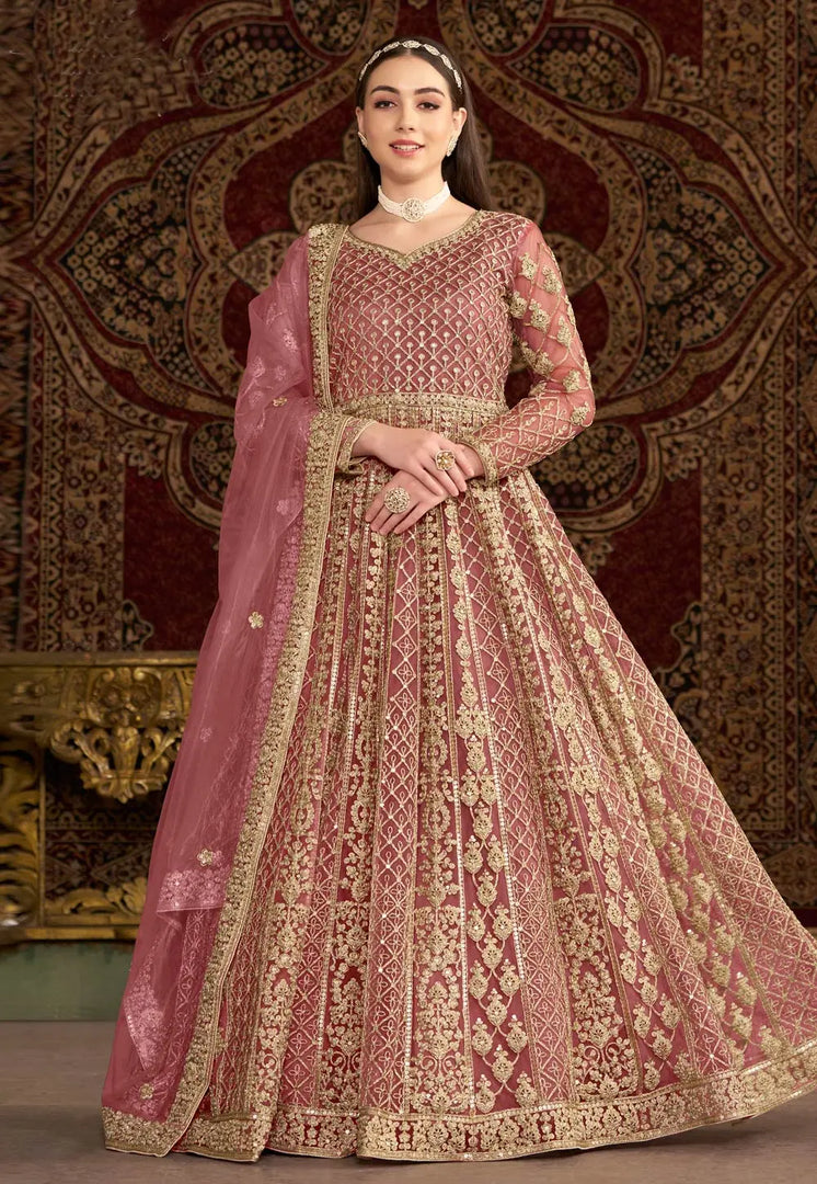 Pink Net Embroidered Long Anarkali Suit