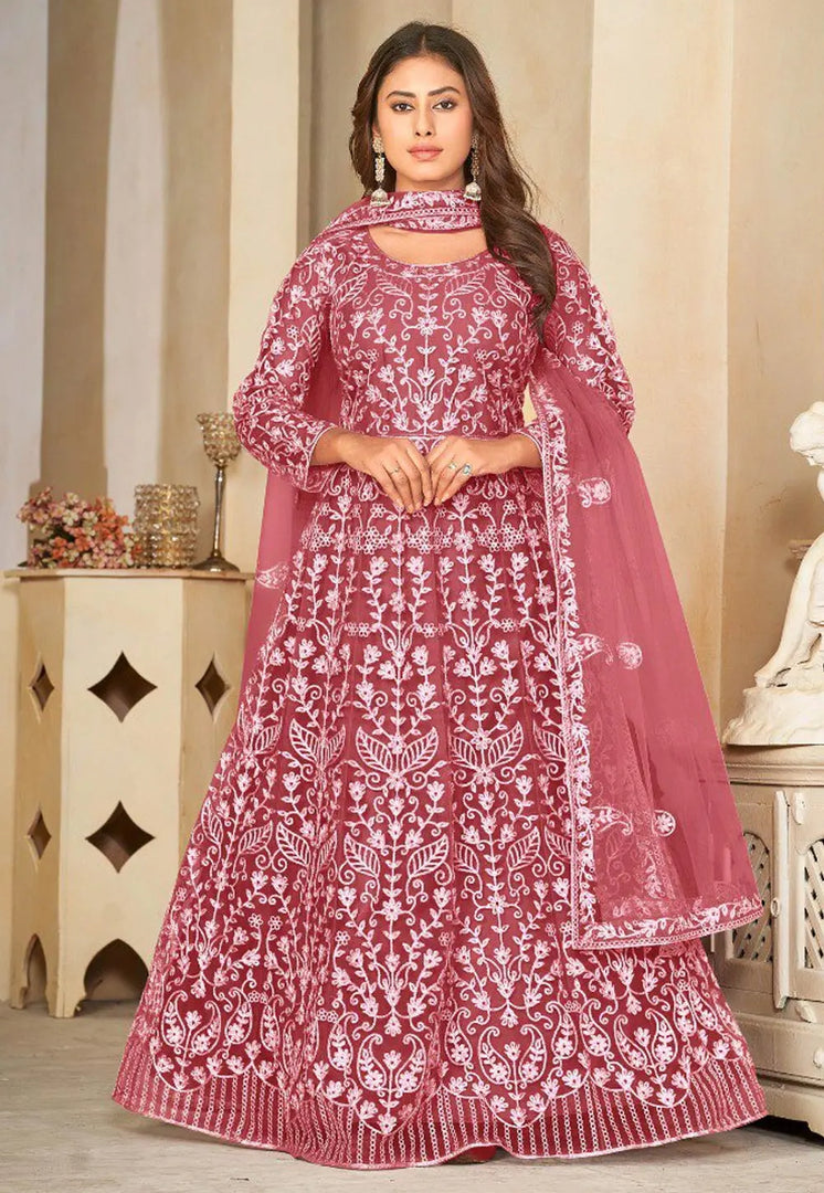 Pink Net Embroidered Long Anarkali Suit