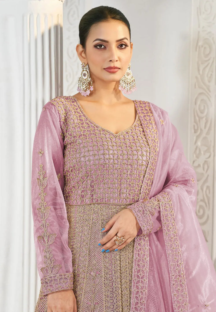 Pink Net Embroidered Long Anarkali Suit