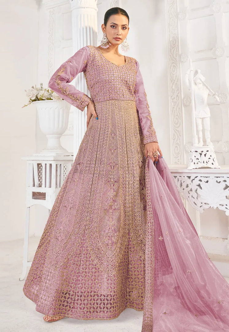 Pink Net Embroidered Long Anarkali Suit