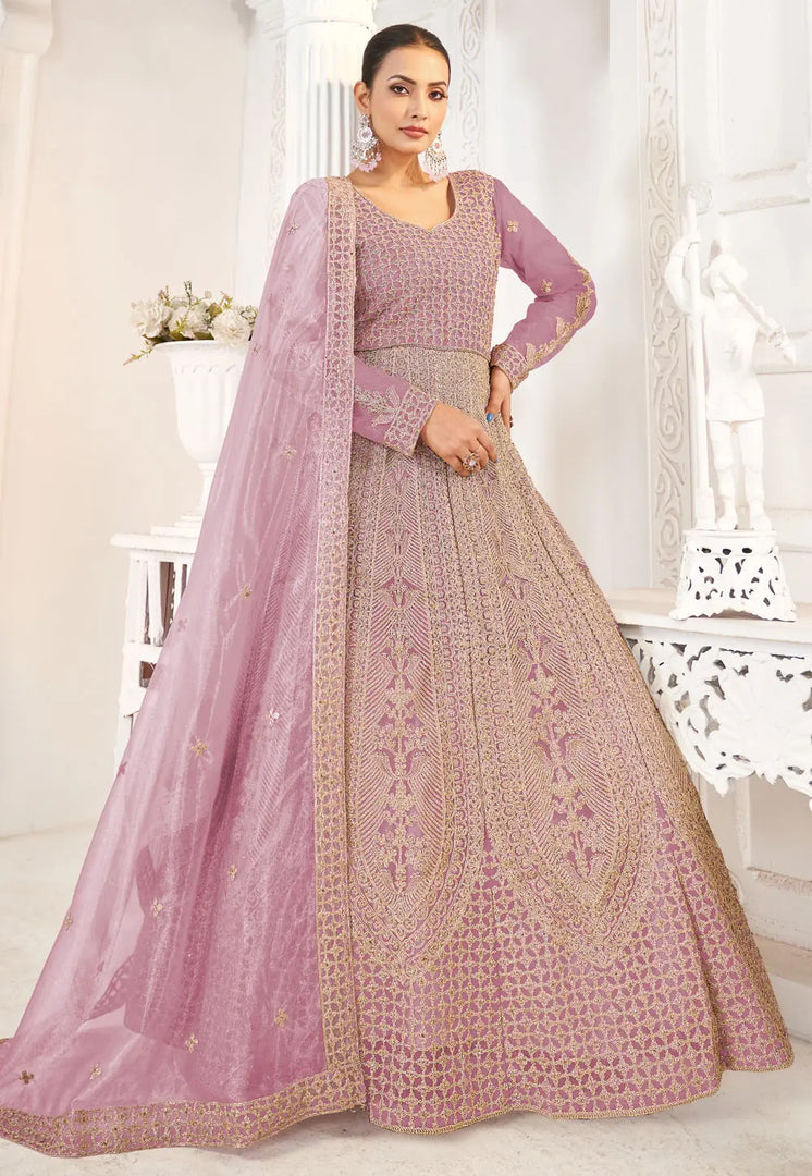 Pink Net Embroidered Long Anarkali Suit