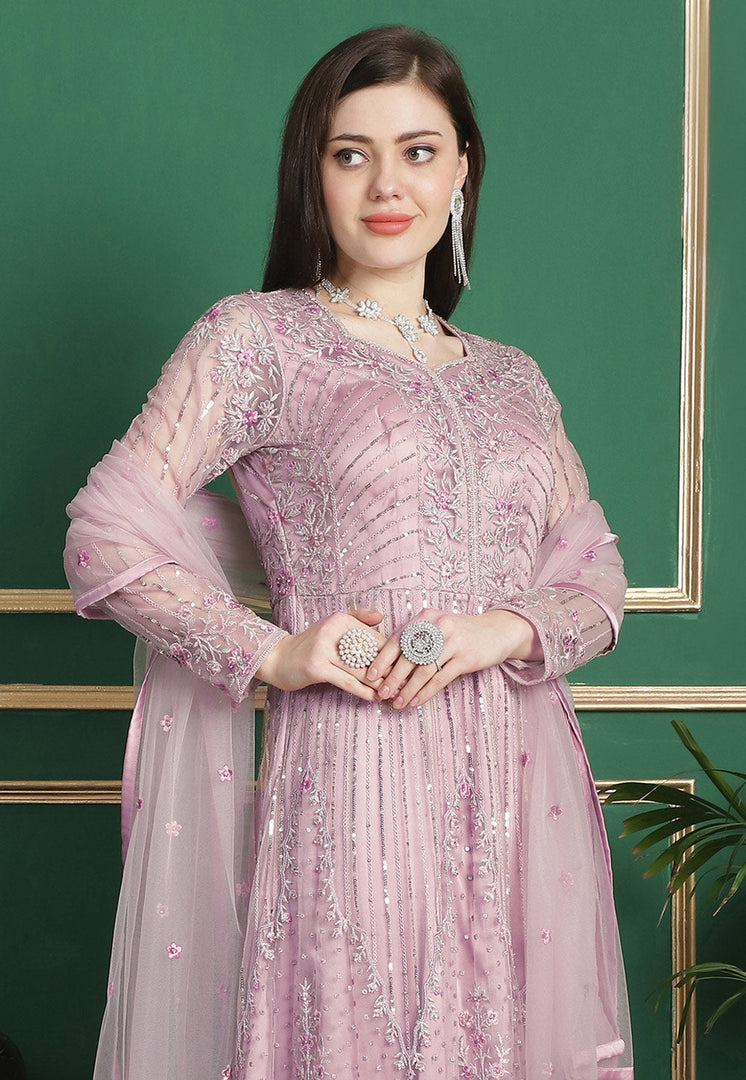 Pink Net Embroidered Long Anarkali Suit