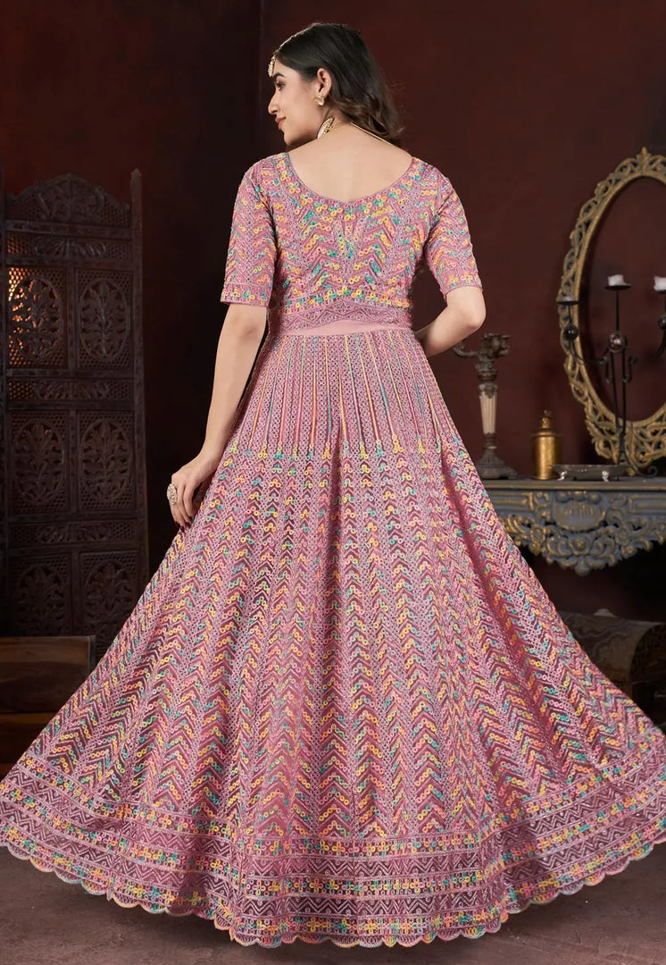 Pink Net Embroidered Readymade Long Anarkali Suit