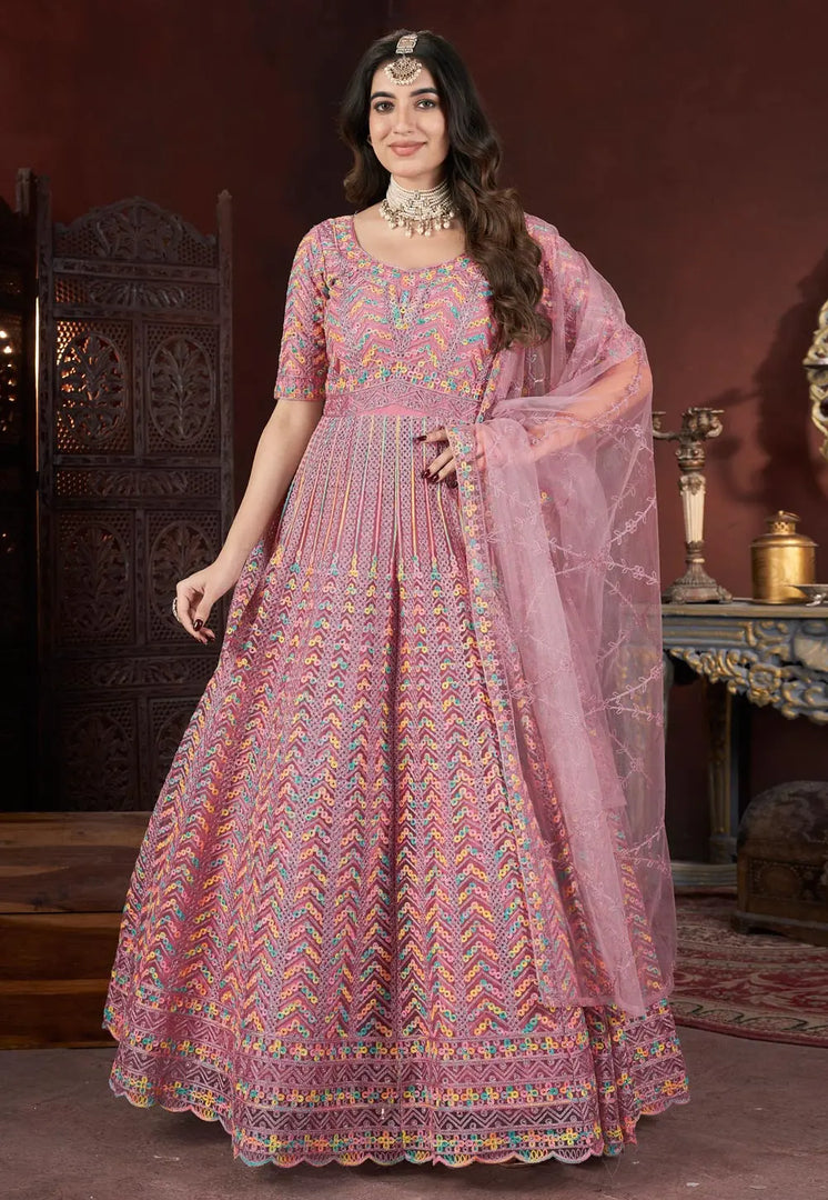 Pink Net Embroidered Readymade Long Anarkali Suit