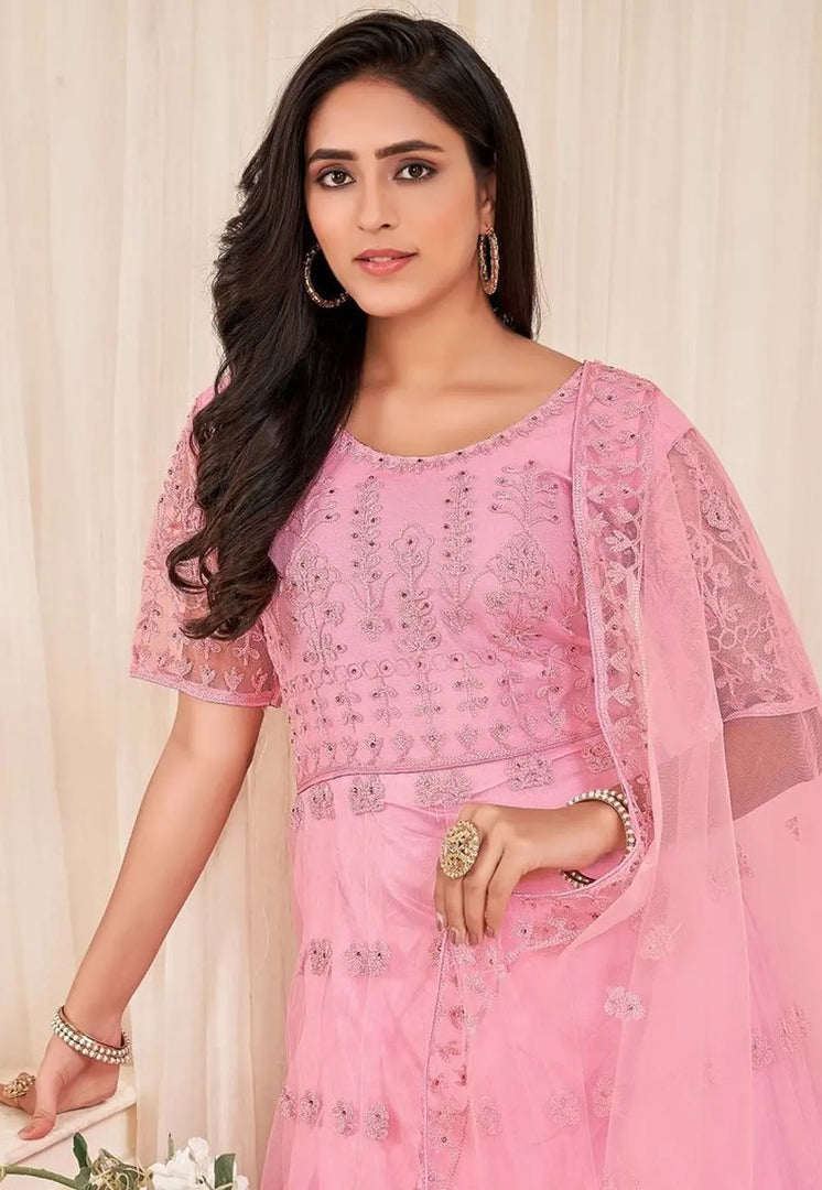 Pink Net Long Anarkali Suit