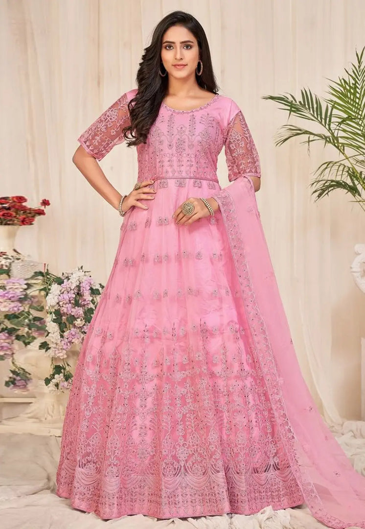 Pink Net Long Anarkali Suit