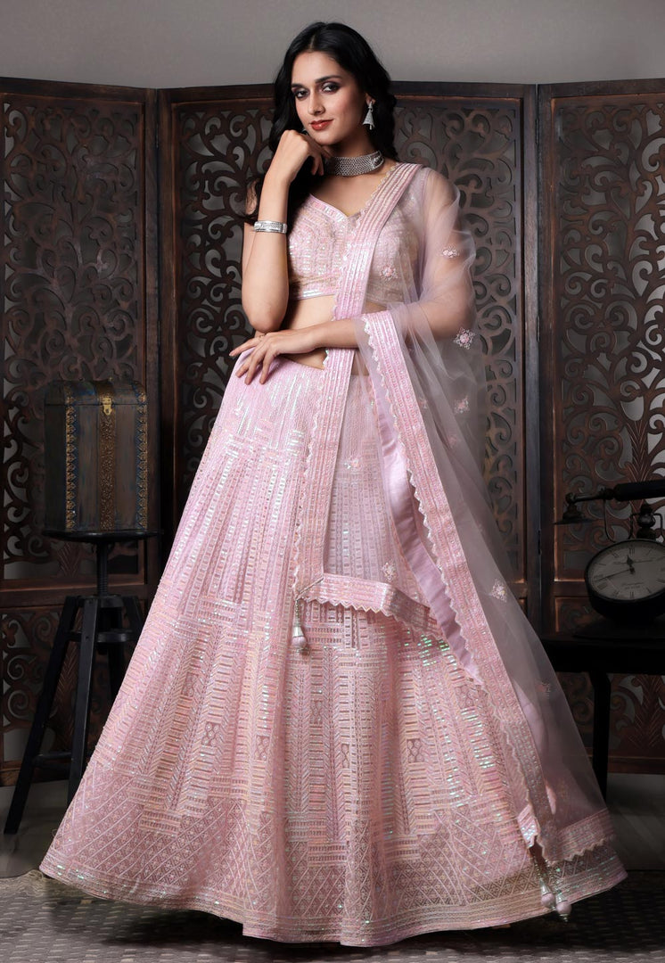 Pink Net Readymade A Line Lehenga Choli