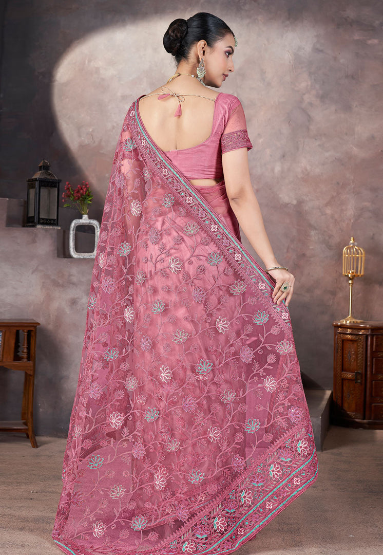 Pink Net Saree With Blouse