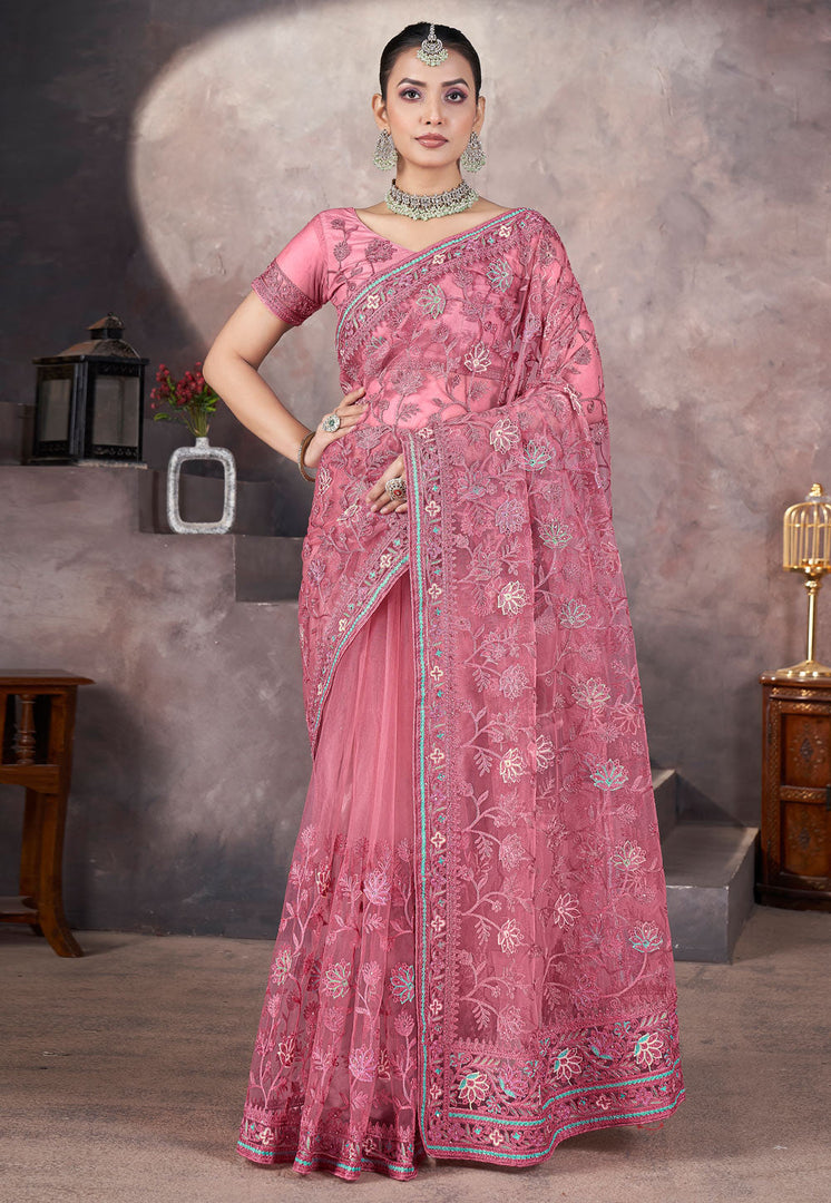 Pink Net Saree With Blouse