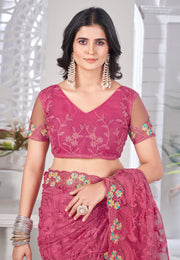 Pink Net Saree With Blouse