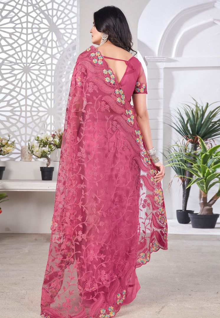 Pink Net Saree With Blouse