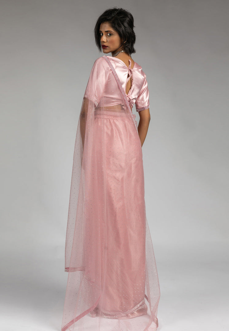 Pink Net Saree With Blouse