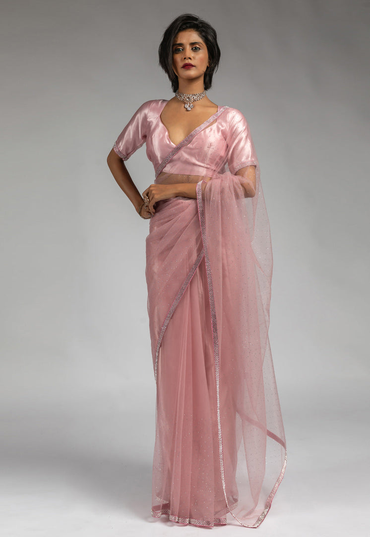 Pink Net Saree With Blouse