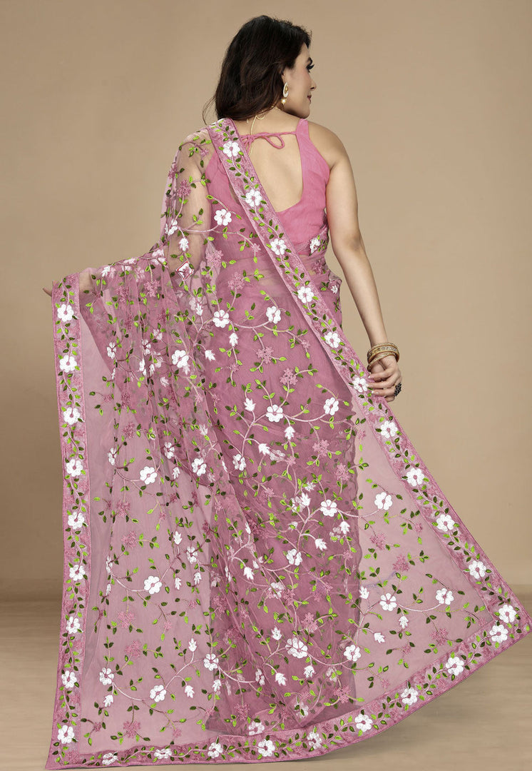 Pink Net Saree With Blouse