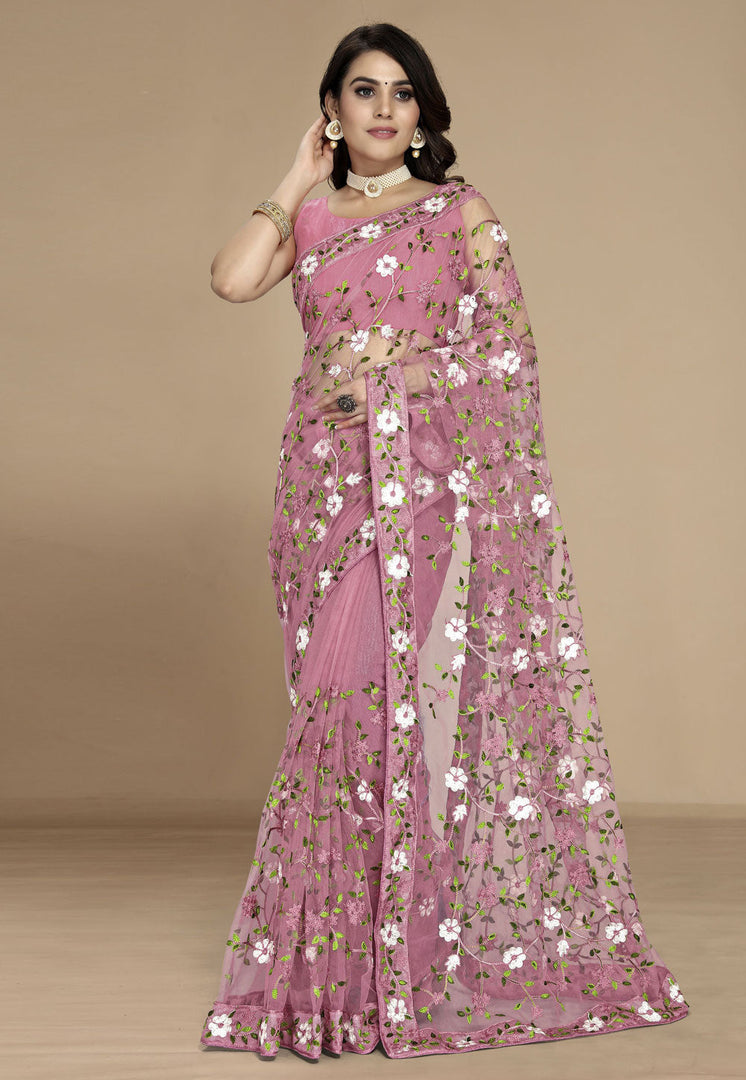 Pink Net Saree With Blouse