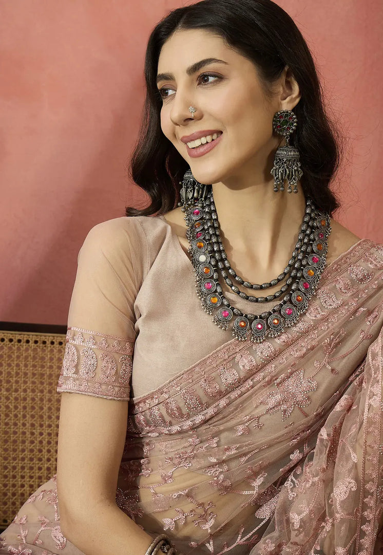 Pink Net Saree With Blouse