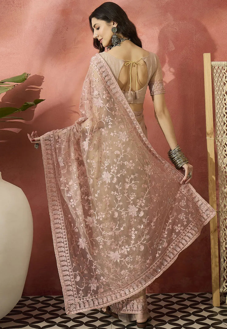 Pink Net Saree With Blouse
