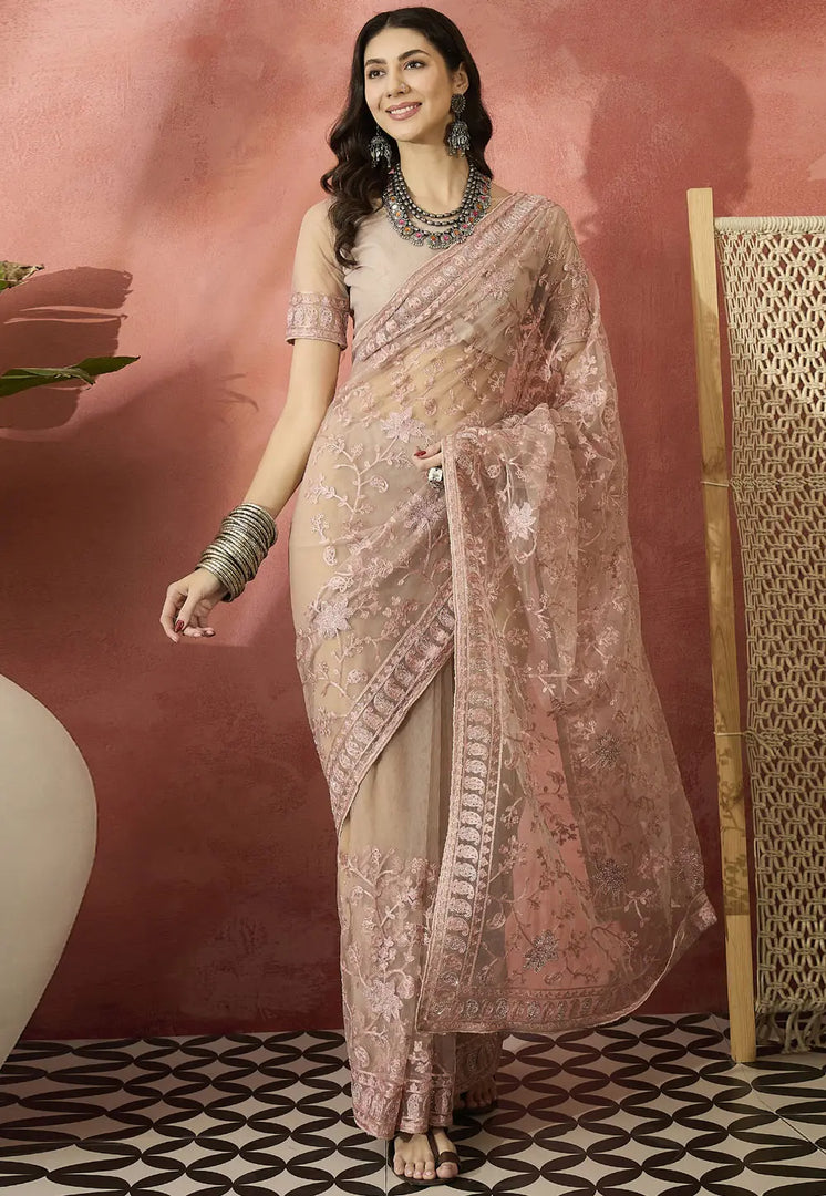 Pink Net Saree With Blouse