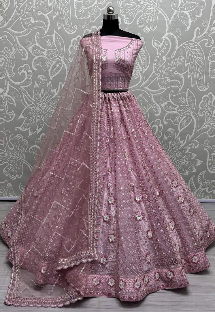 Pink Net Wedding Lehenga Choli