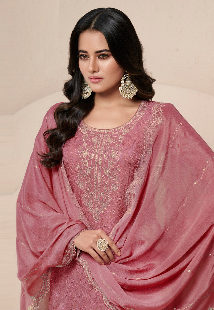 Pink Organza Embroidered Palazzo Suit