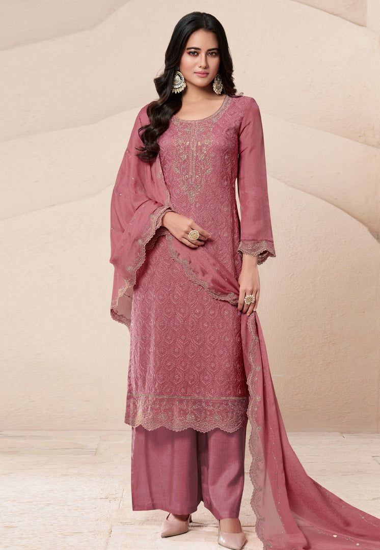 Pink Organza Embroidered Palazzo Suit