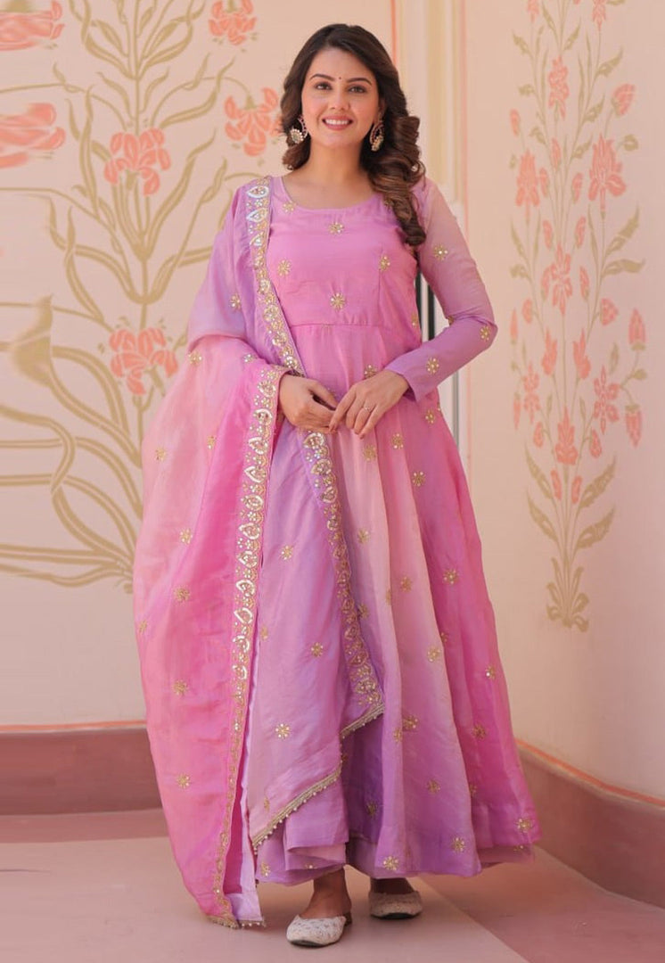 Pink Organza Readymade Long Anarkali Suit