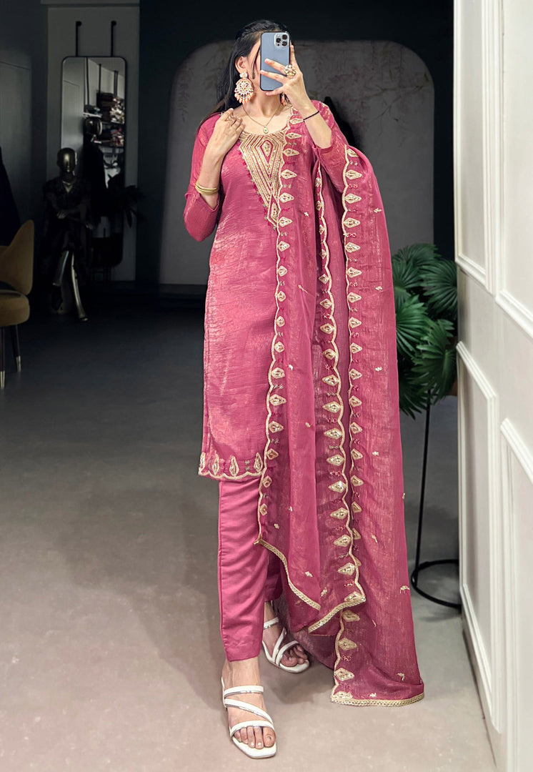 Pink Organza Readymade Pant Style Suit