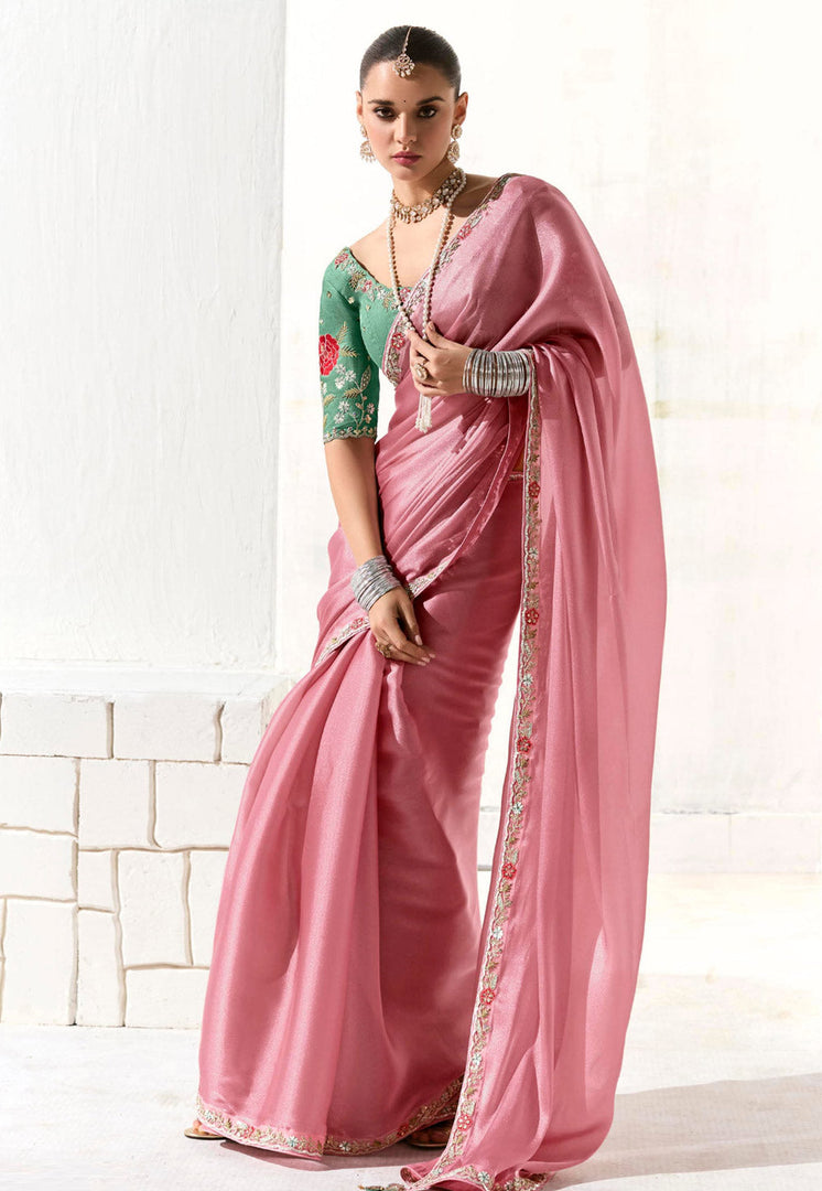Pink Organza Saree With Blouse