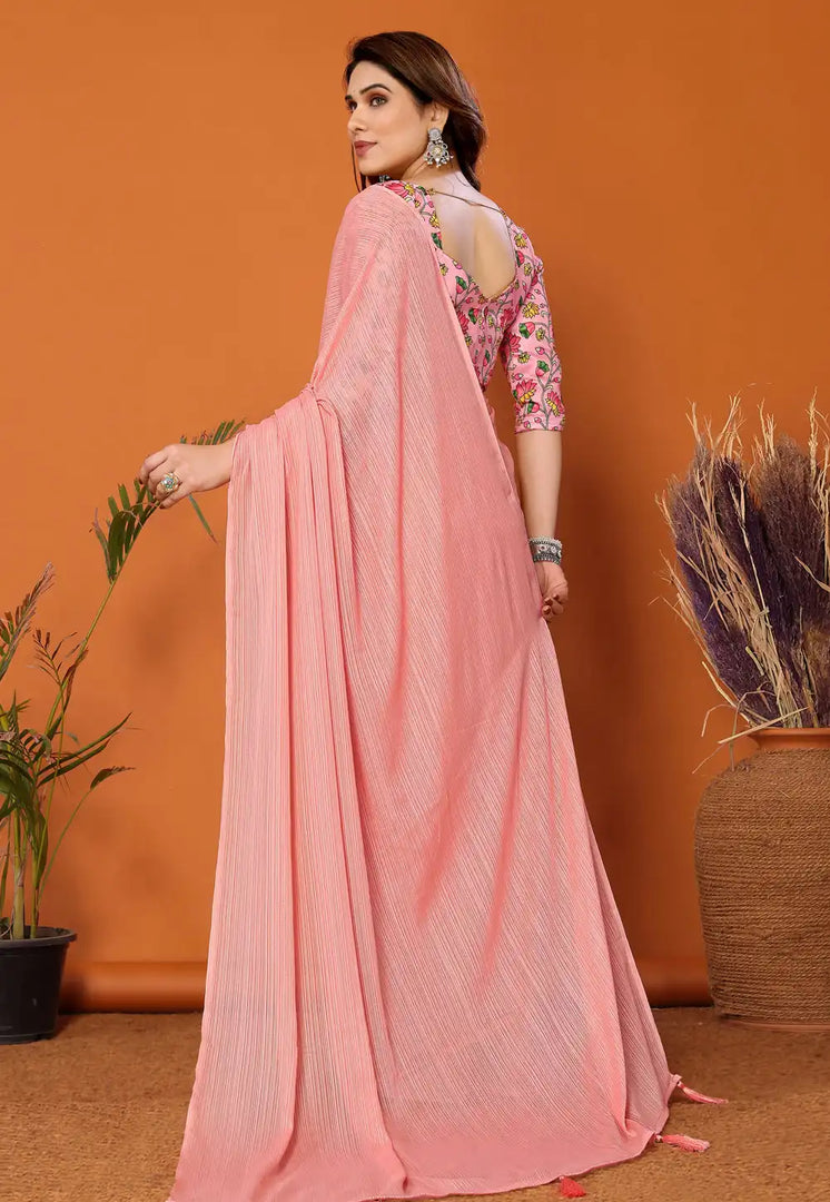 Pink Polyester Saree With Blouse