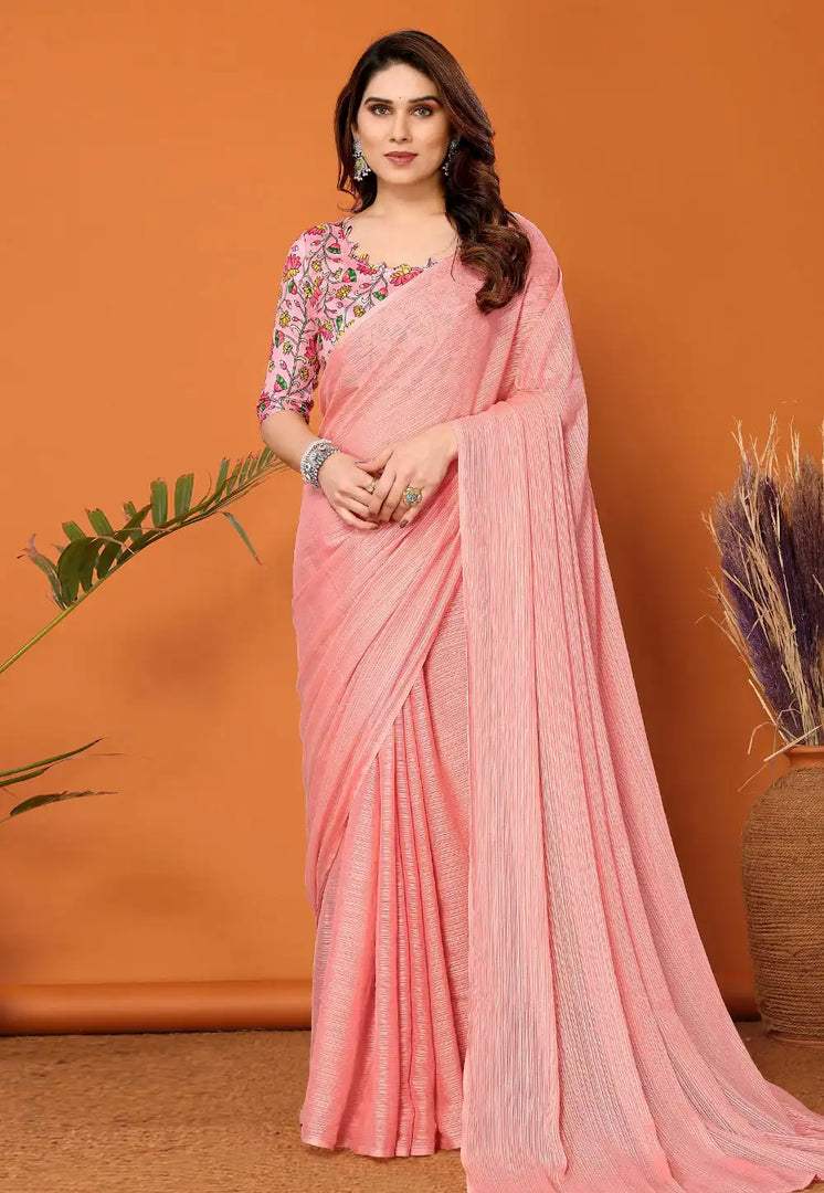 Pink Polyester Saree With Blouse