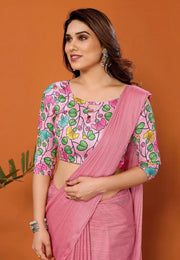 Pink Polyester Saree With Blouse