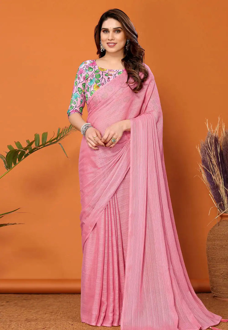 Pink Polyester Saree With Blouse