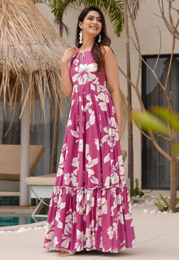 Pink Rayon Printed Gown