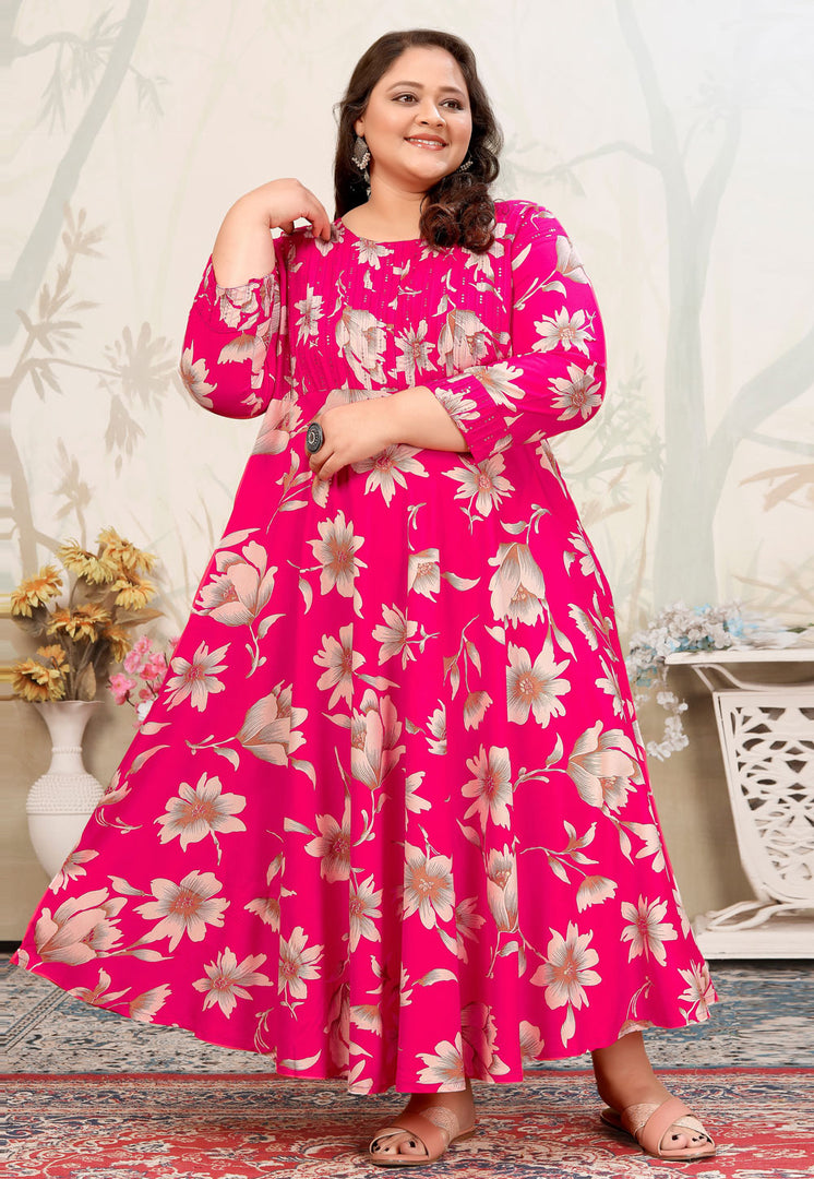 Pink Rayon Printed Long Kurti
