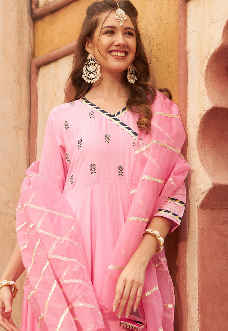 Pink Rayon Readymade Long Anarkali Suit