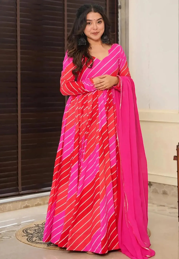 Pink Rayon Readymade Long Anarkali Suit