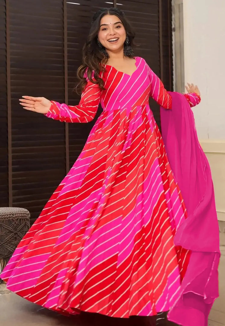 Pink Rayon Readymade Long Anarkali Suit