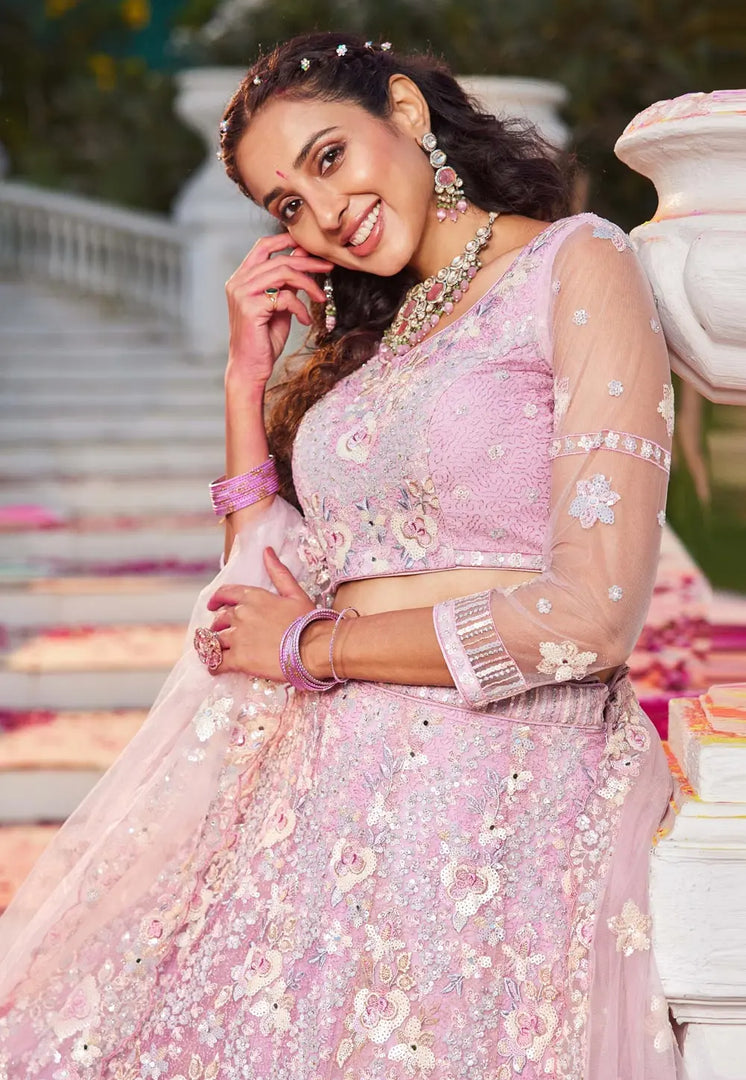 Pink Satin A Line Lehenga Choli