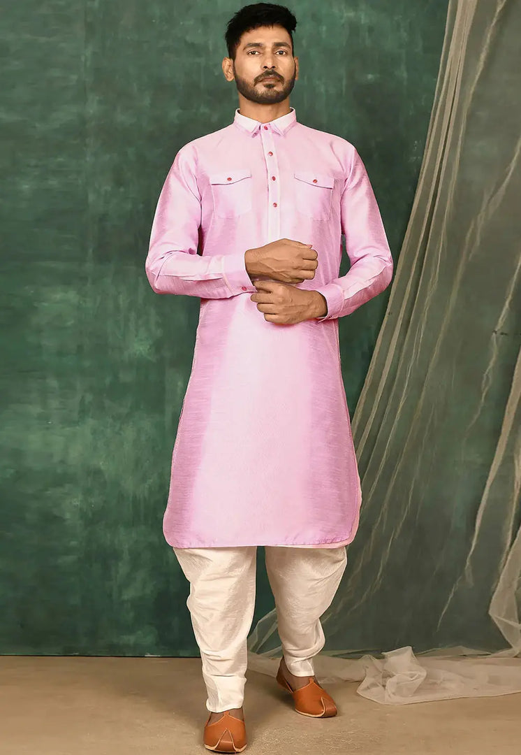 Pink Satin Pathani Suit