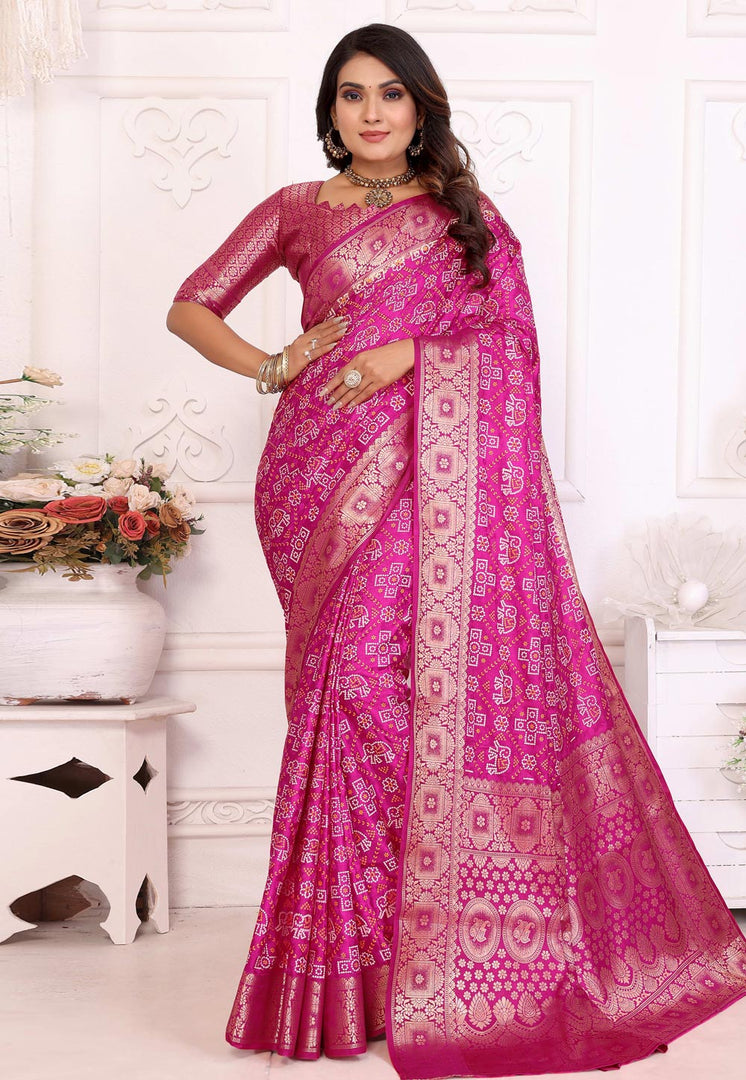 Pink Satin Silk Bandhani Print Saree