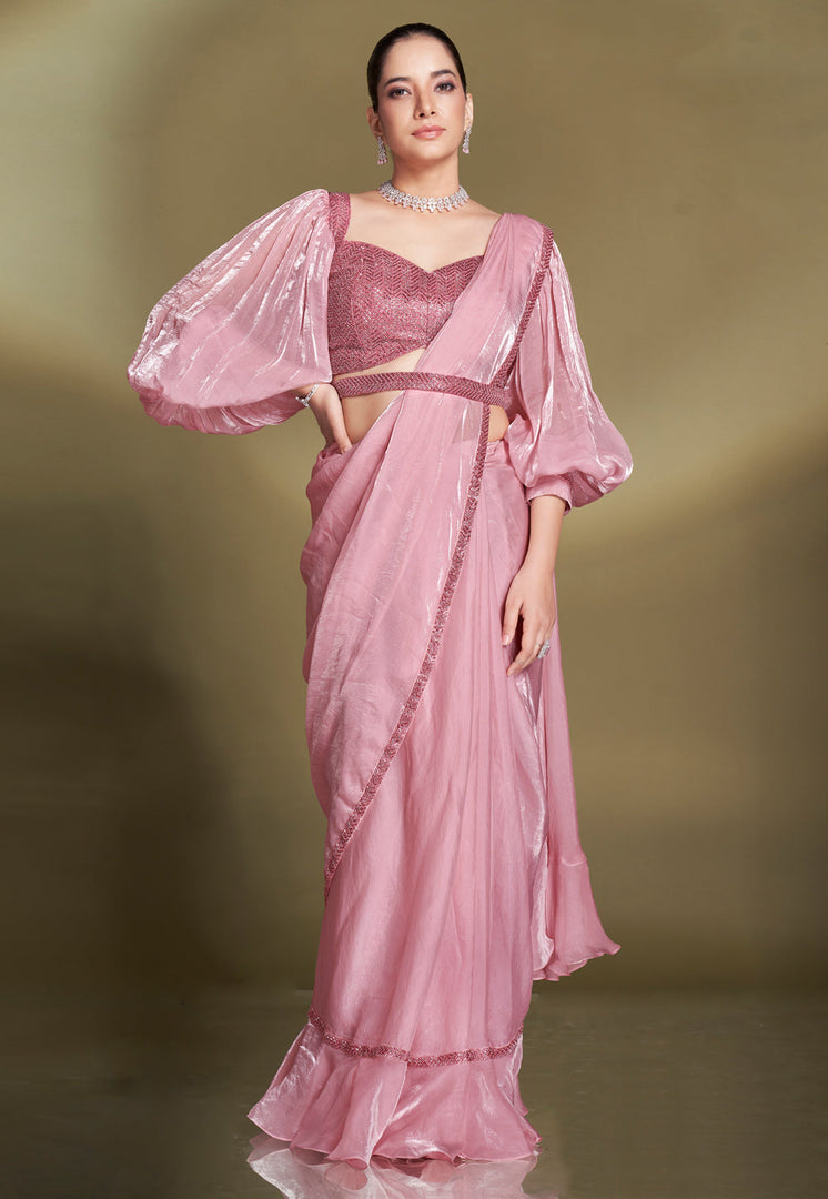 Pink Satin Silk Lehenga Saree