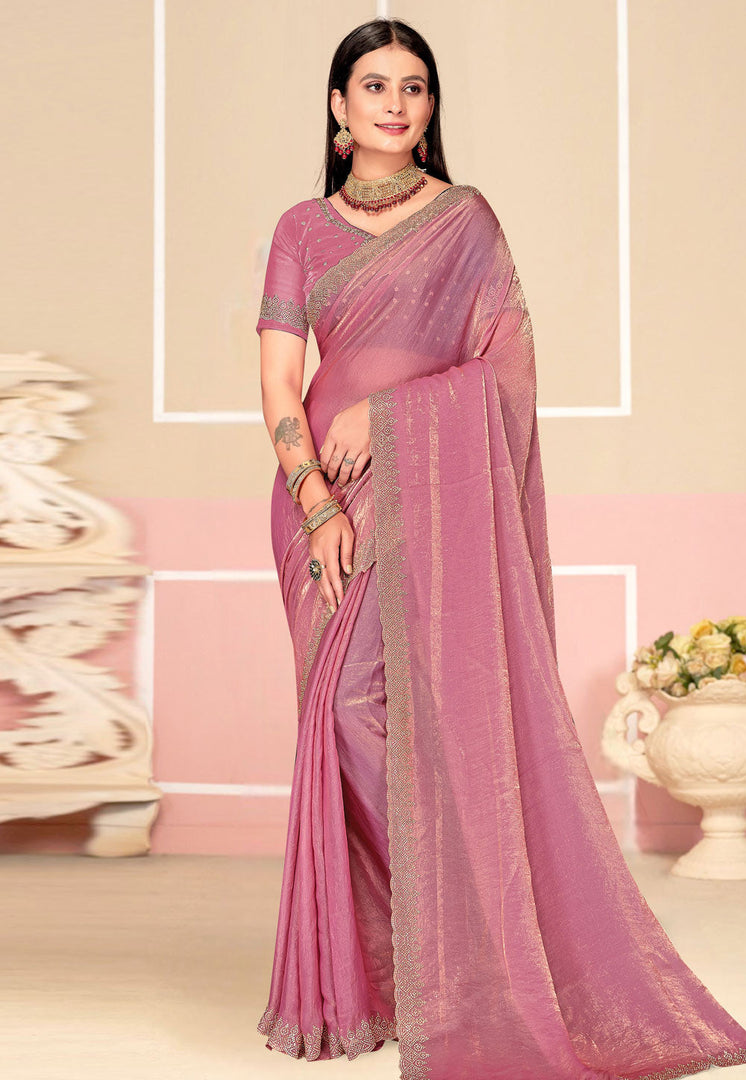 Pink Satin Silk Saree With Blouse