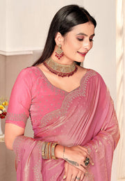 Pink Satin Silk Saree With Blouse